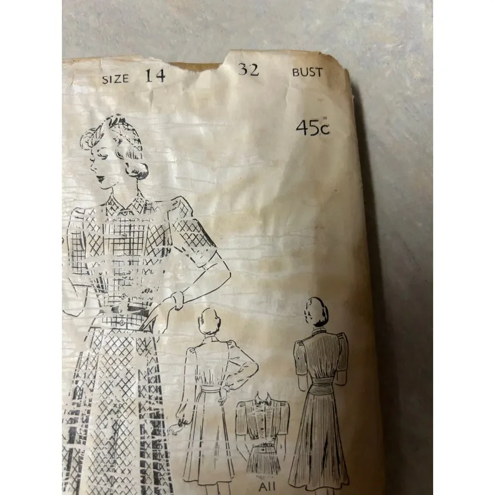 Vintage 1940's Butterick Pattern #8411 Shirtwaist Dress Size‎ 14 HTF